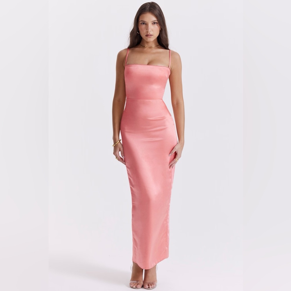 House of CB Costanza Satin Maxi Dress - Bright Peach X-Small - Picture 1 of 3
